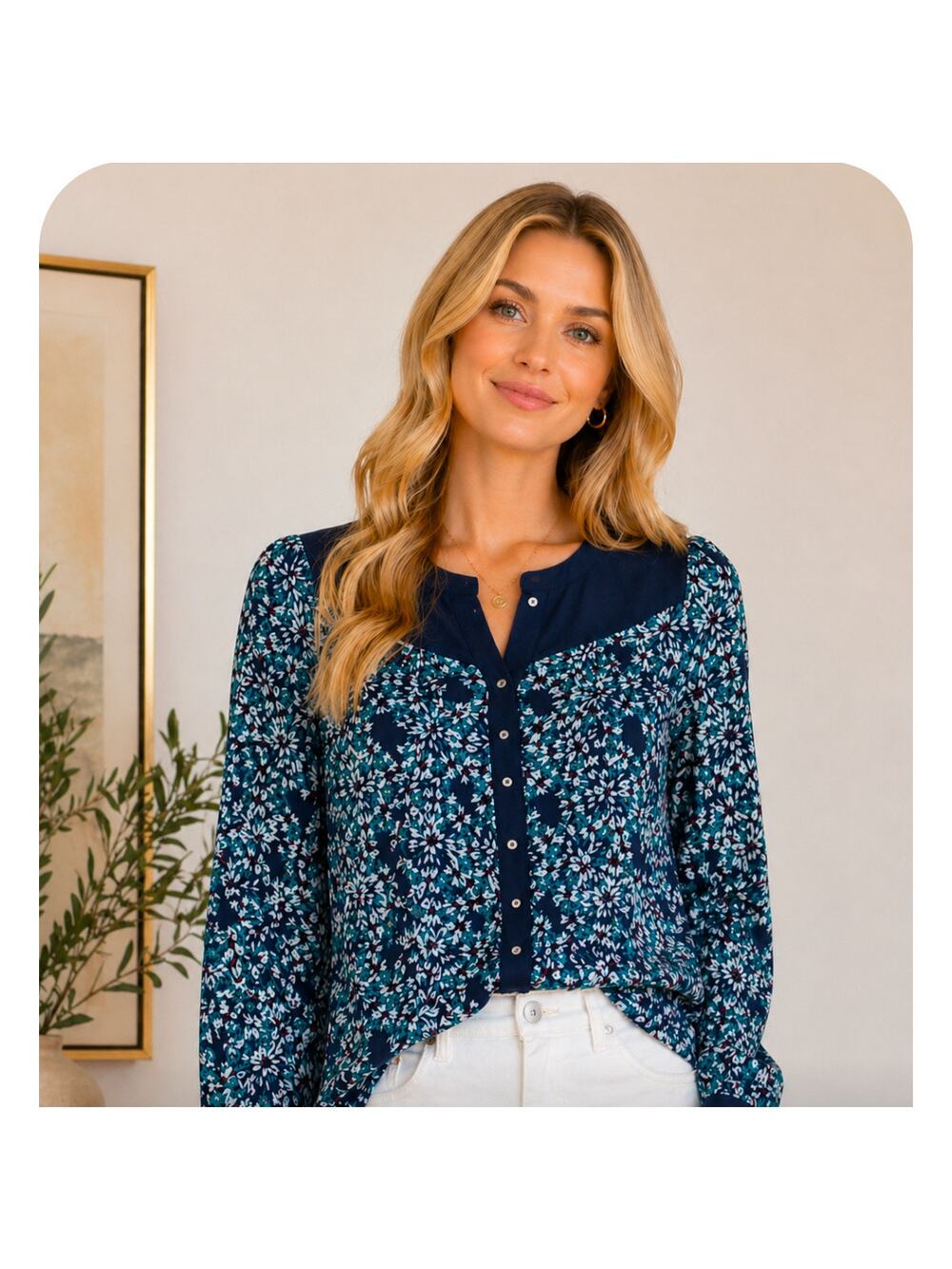 Moulinette Soeurs Anthropologie Silk Blue Floral Blouse Long Sleeve 8 M Women